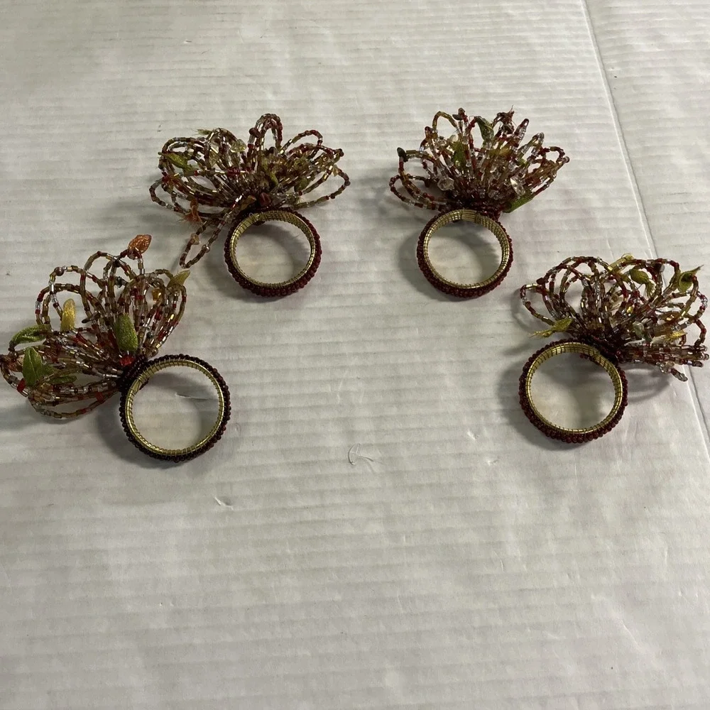 Pier One Napkin Rings Gold Amber Brown Beaded Floral Set Of 4 Boho‎ Hippie